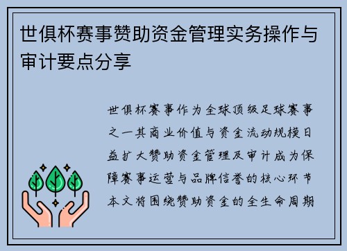 世俱杯赛事赞助资金管理实务操作与审计要点分享