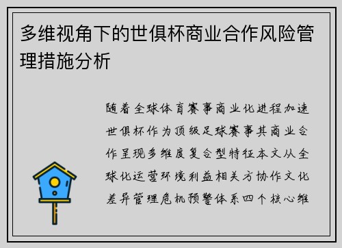 多维视角下的世俱杯商业合作风险管理措施分析