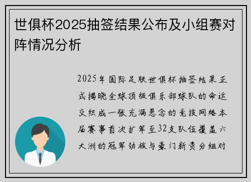 世俱杯2025抽签结果公布及小组赛对阵情况分析